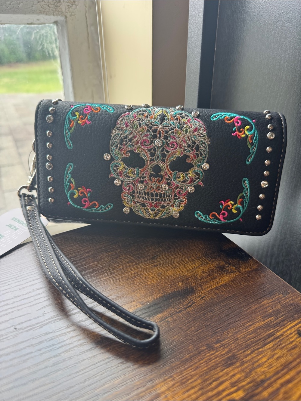Montana west Embroidered Sugar Skull Wristlet wallet Black with studs nwt